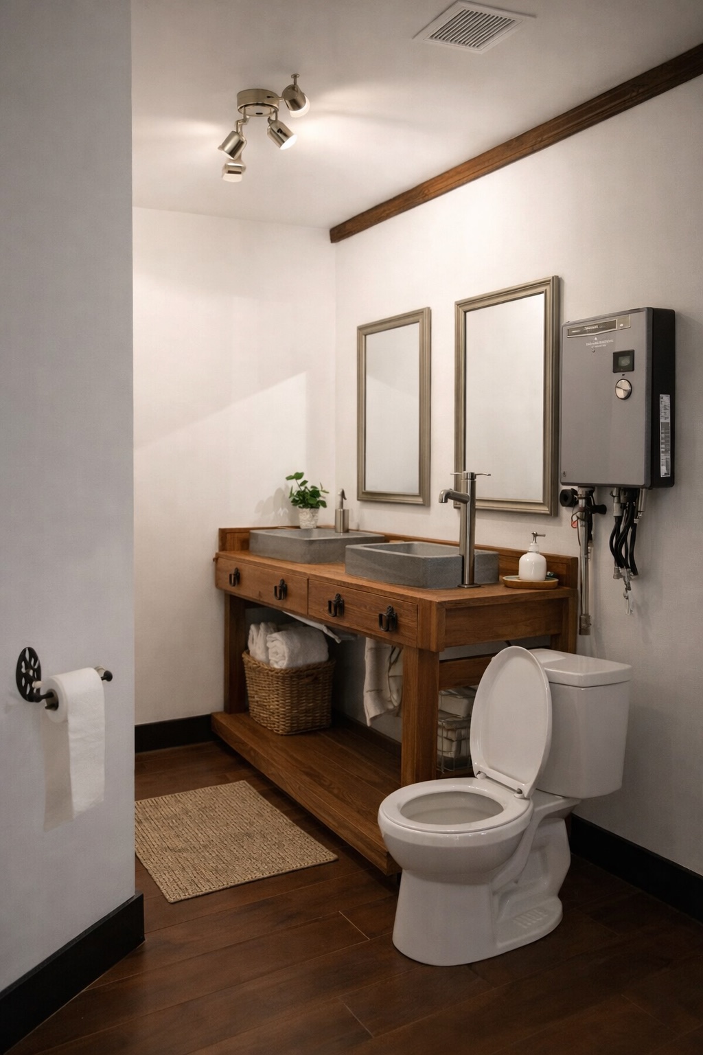 991 Kovar Road, Unit D Flatonia, TX 78941 - Photo 11 of 15 AI used to furnish picture and enchace photo- Half bath with dark wood-style flooring, tankless water heater, vanity, and crown molding