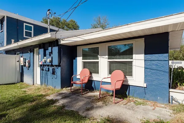 a front view of a house with patio