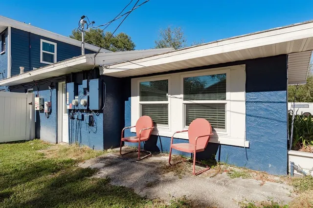 a front view of a house with patio