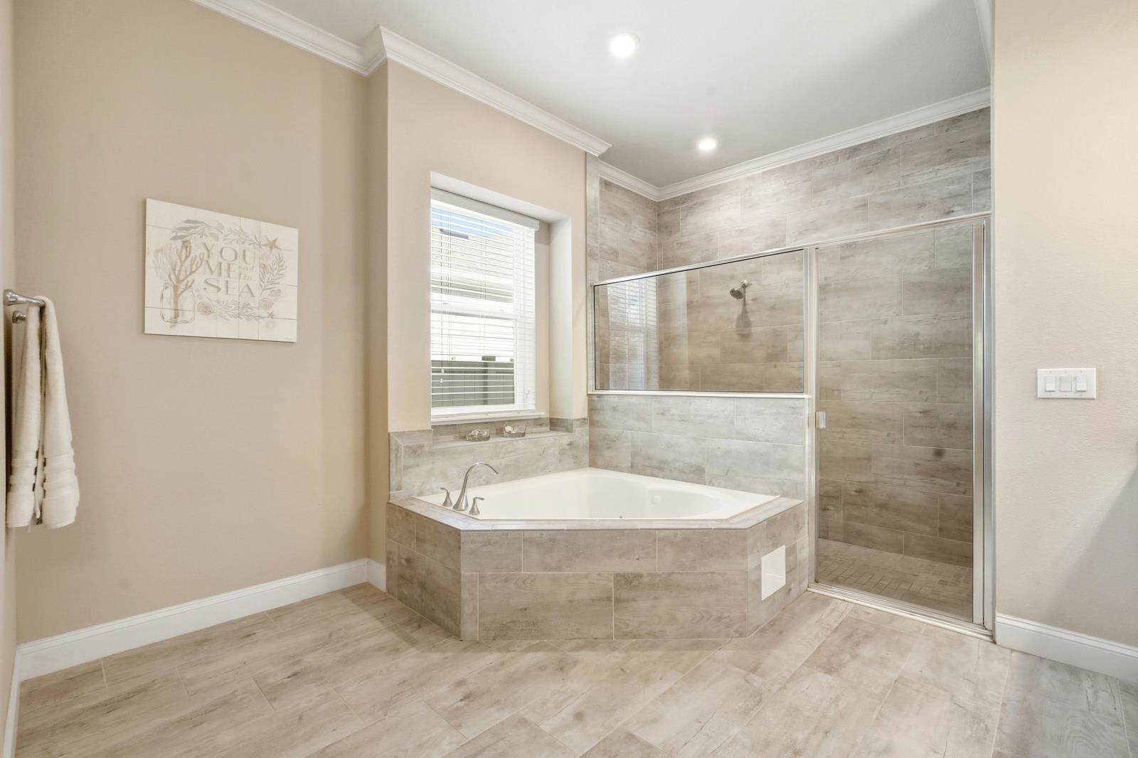 170 Antolin Way St. Augustine, FL 32095 - Photo 32 of 85 Bathroom with a garden tub, a shower stall, crown molding, and recessed lighting
