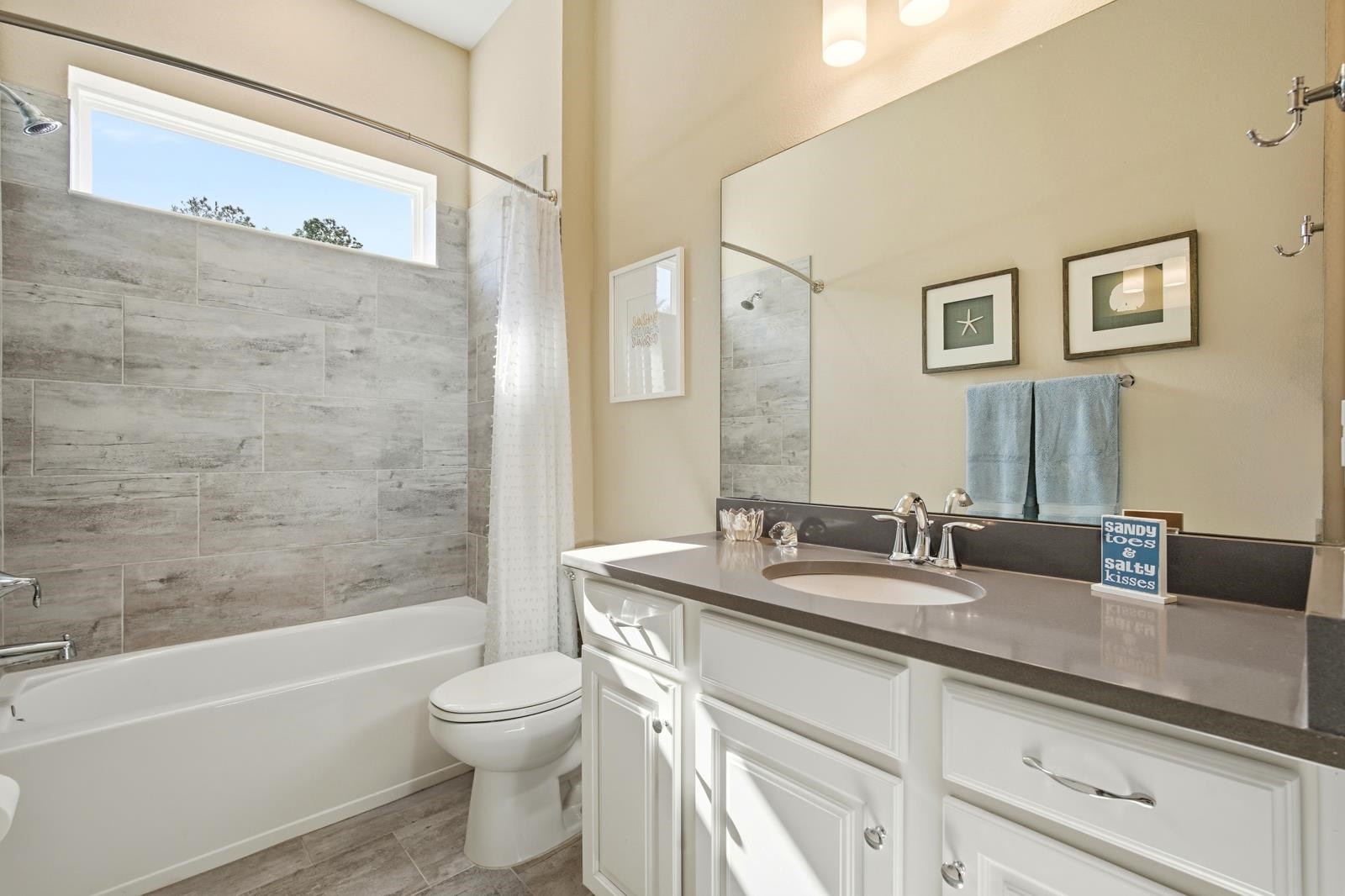 170 Antolin Way St. Augustine, FL 32095 - Photo 39 of 85 a bathroom with a granite countertop sink toilet a large mirror a bathtub and shower
