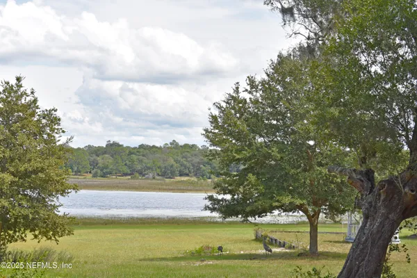 a view of outdoor space with swimming pool and trees in the background