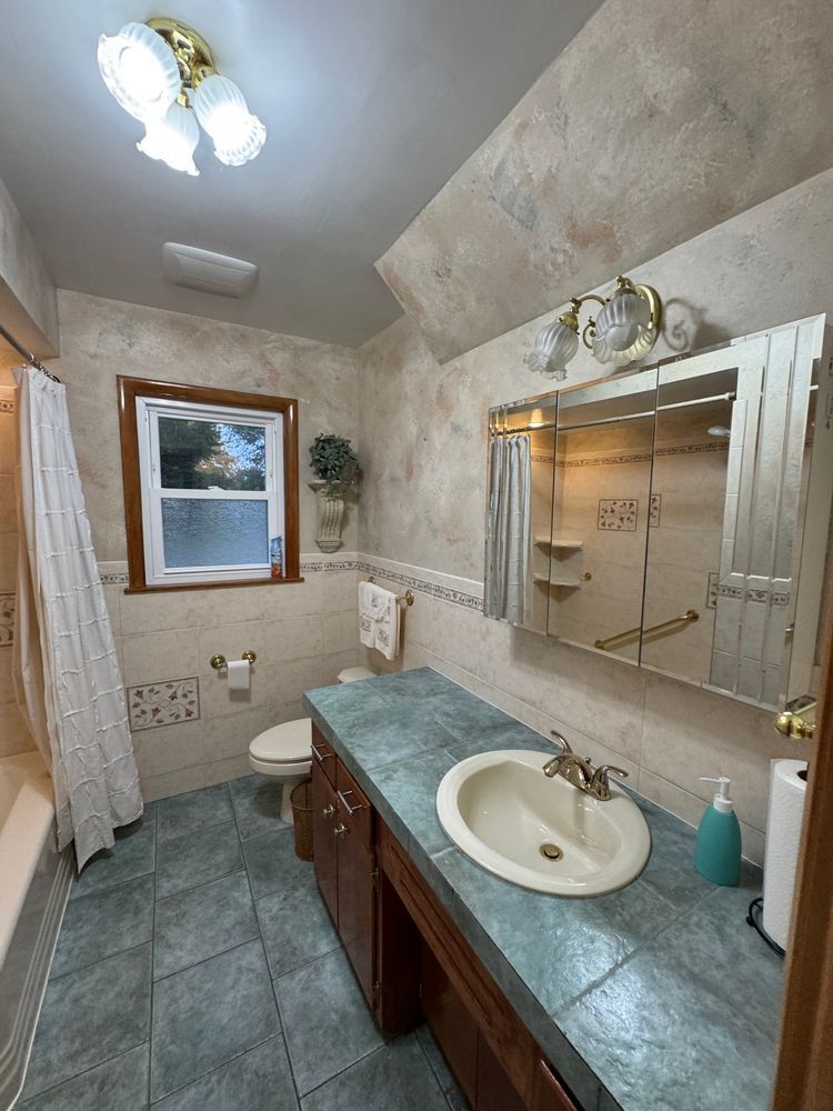 901 Brookline Lane Park Ridge, IL 60068 - Photo 6 of 23 a bathroom with a granite countertop sink a toilet and mirror