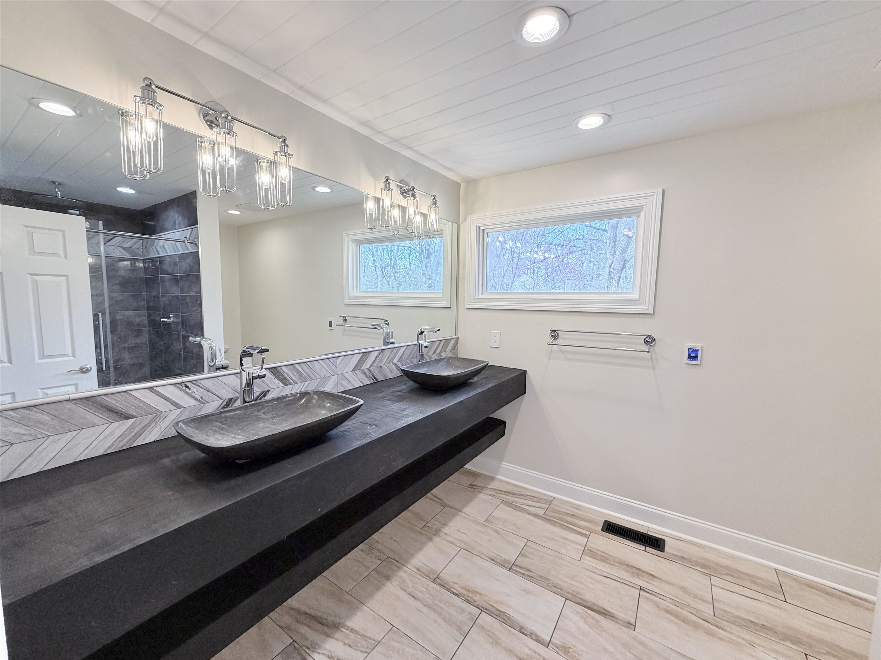 955 Country Club Road Somerville, TN 38068 - Photo 21 of 40 Full bath featuring a stall shower, double vanity, wood tiled floors, and recessed lighting