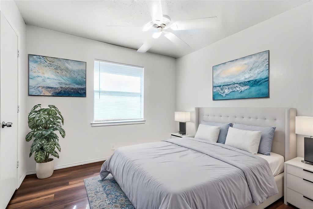 2820 Ridgecrest Drive Fort Worth, TX 76133 - Photo 16 of 25 Bedroom featuring ceiling fan, baseboards, and dark wood-type flooring **Virtually Staged**