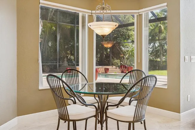 a view of a dining room with furniture window and outside view