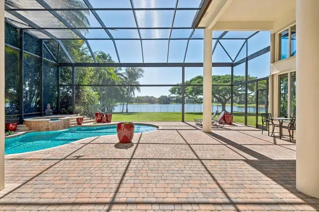 a view of a patio with a garden