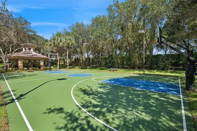 a view of a tennis ground with large trees