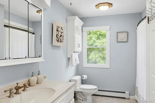 a bathroom with a sink toilet and a window