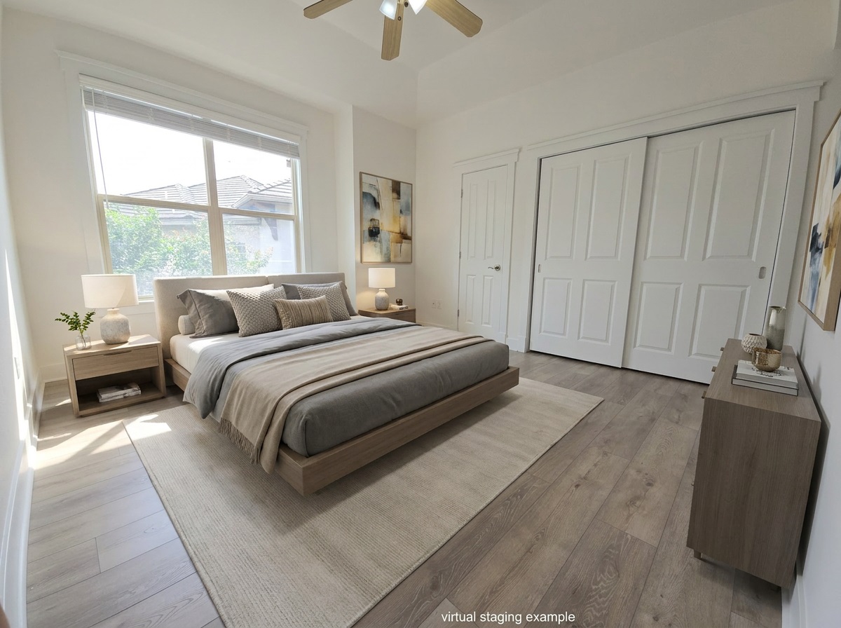 2800 Waymaker Way, Unit 24 Austin, TX 78746 - Photo 12 of 14 Bright room featuring wood-finish flooring, a large window, a ceiling fan, and white sliding closet doors