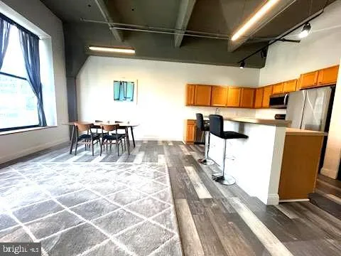 a view of a dining room with furniture