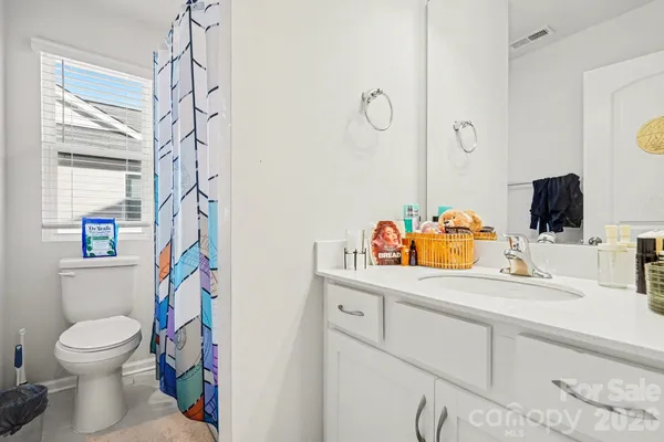 a bathroom with a sink a toilet and a shower curtain