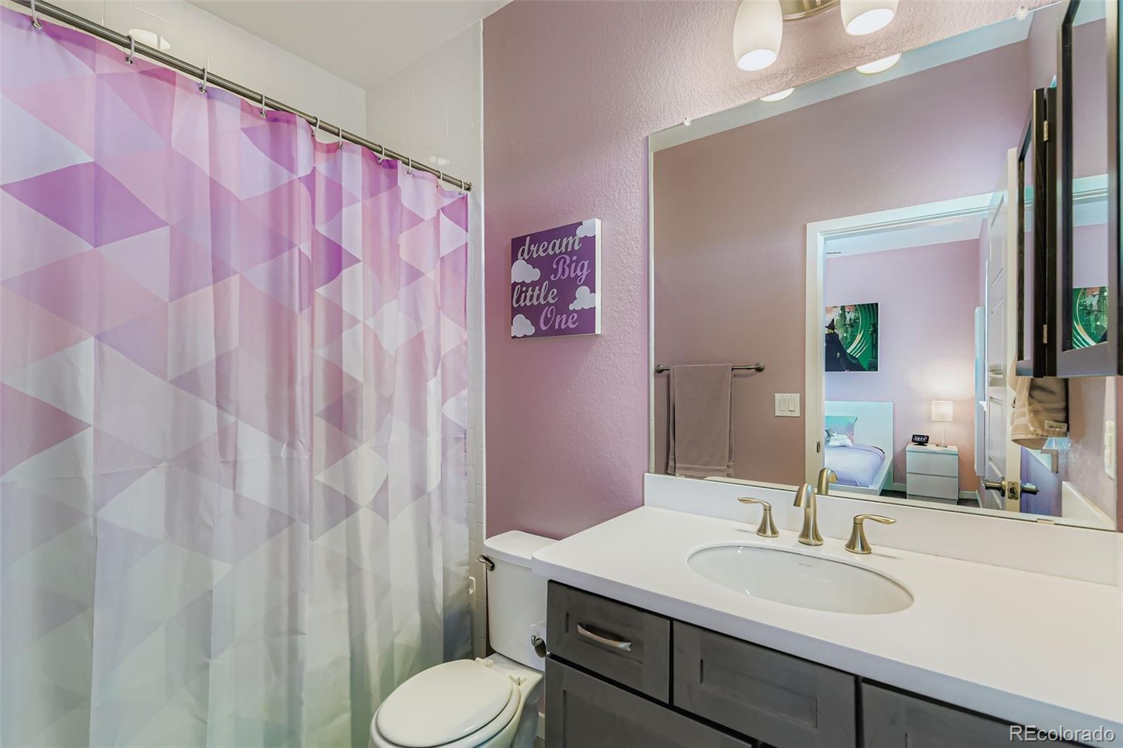 86 Nova Court Erie, CO 80516 - Photo 21 of 50 a bathroom with a granite countertop sink toilet a mirror and shower curtain