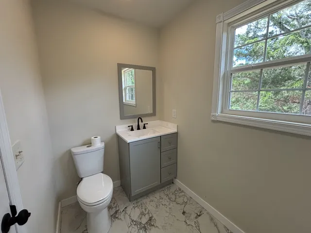 a bathroom with a toilet sink vanity and mirror