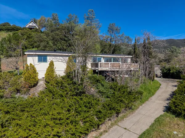 a view of a house with a yard and garden