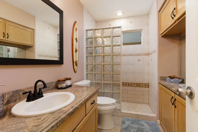 a bathroom with a sink a toilet and shower