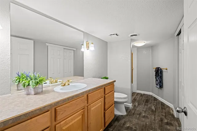 a bathroom with a granite countertop sink a toilet and a mirror