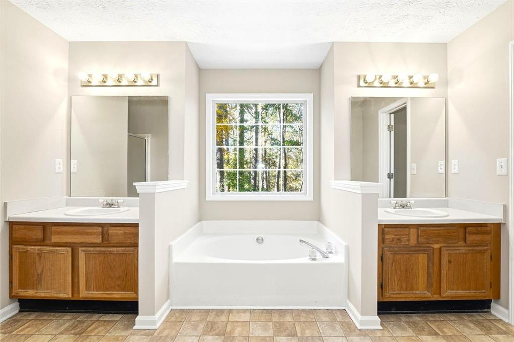 4099 Harvest Ridge Drive Douglasville, GA 30135 - Photo 24 of 46 a bathroom with a tub a sink and a large mirror