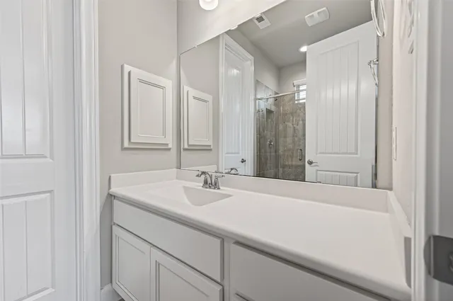 a bathroom with a sink a shower and a mirror