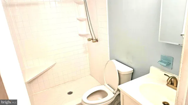 a white toilet sitting next to a bathroom sink and vanity