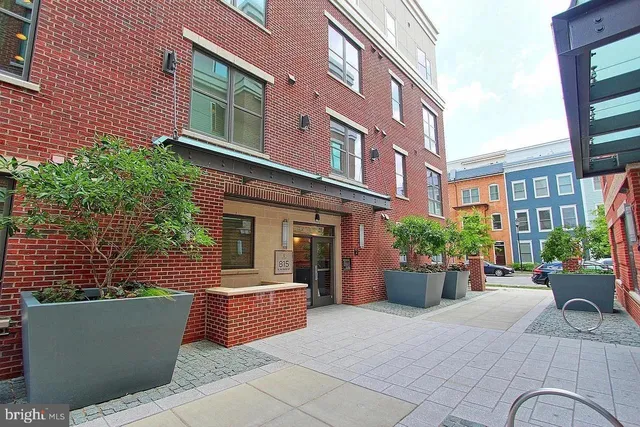a view of a building with potted plants