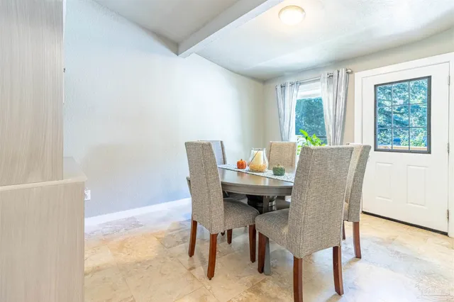 a view of a dining room with furniture window and outside view