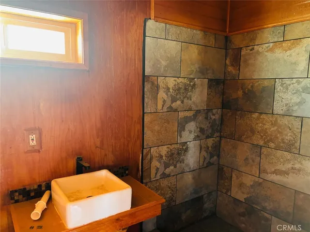 a bathroom with a sink and shower