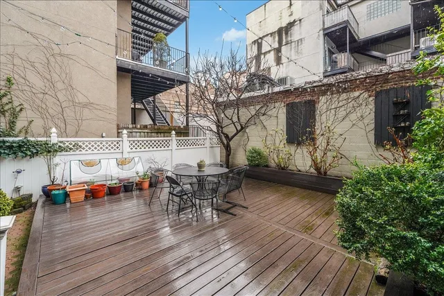 an outdoor space with seating