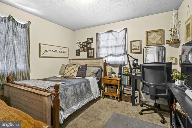 a bedroom with a bed and a desk