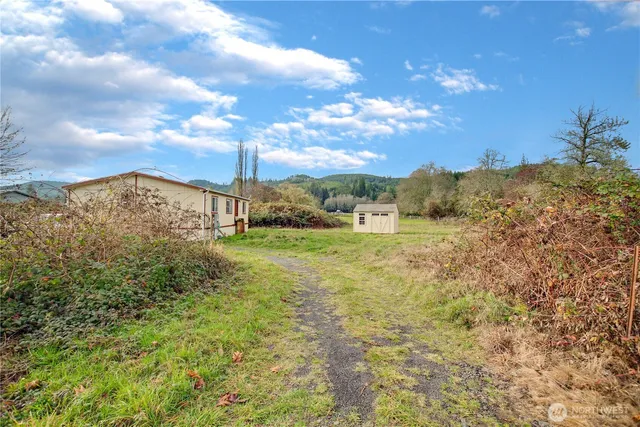 a view of a grassy field with mountains in the background