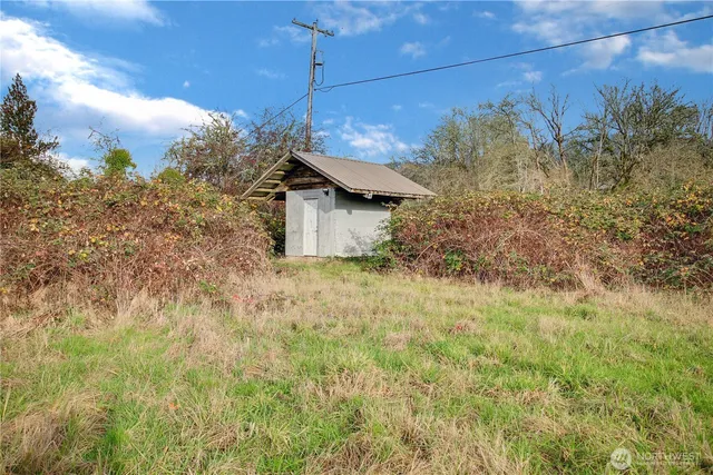 a yellow and red house covered with tall trees
