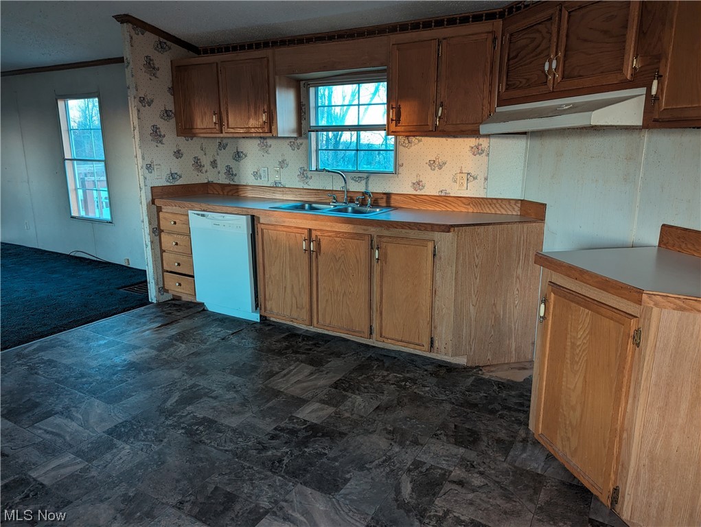53154 Key Bellaire Road Bellaire, OH 43906 - Photo 33 of 43 Kitchen featuring dark tile flooring, sink, ornamental molding, and white dishwasher