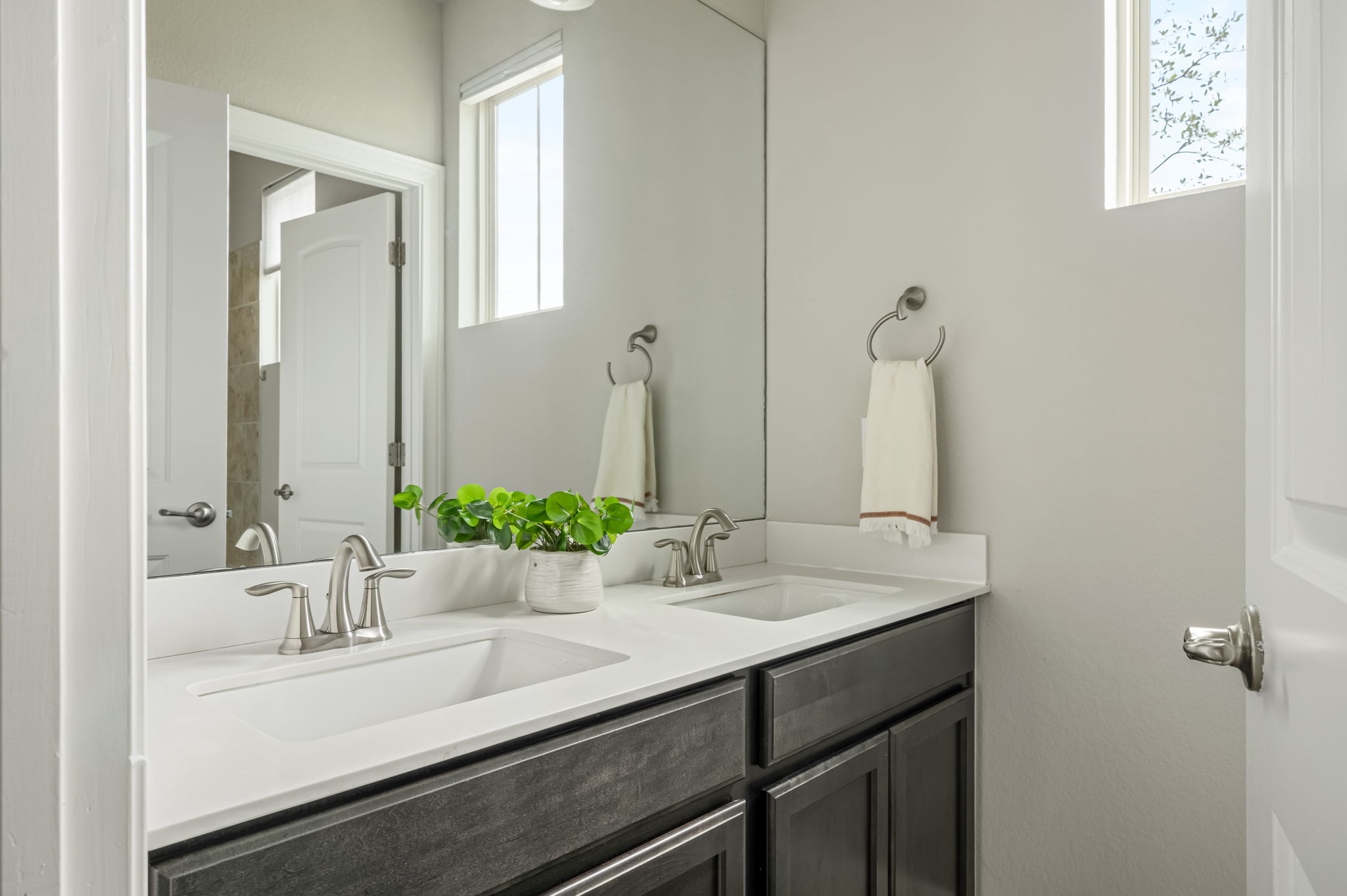 2516 Hopsack Mills Road Austin, TX 78748 - Photo 29 of 39 Bathroom featuring a dual vanity with undermount sinks, light-toned countertop, and dark wood-finish cabinetry