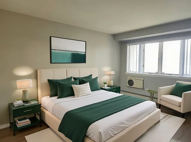 a bedroom with a bed and a couch