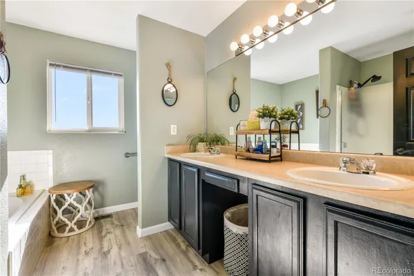 a bathroom with a sink double vanity and a mirror