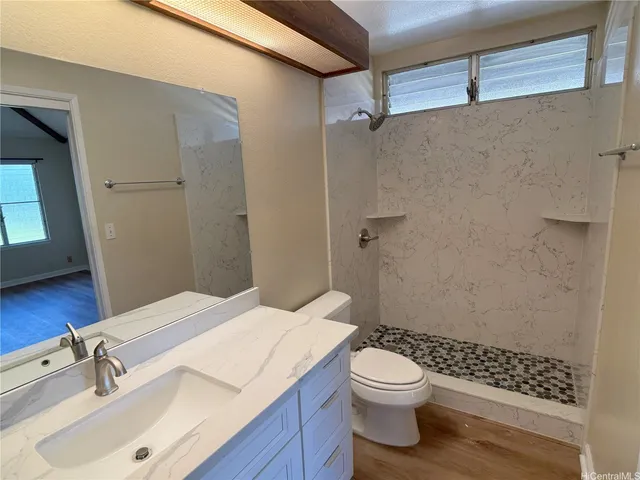 a bathroom with a sink a toilet and shower