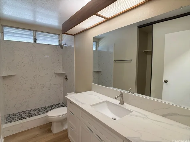 a bathroom with a granite countertop sink toilet and shower