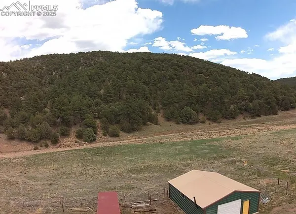 a view of a yard with mountains in the background