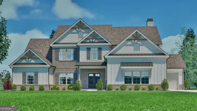 a front view of a house with a yard and potted plants