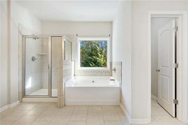 a bathroom with a bathtub and a shower