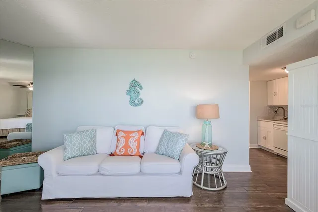 a view of a bench in front of building