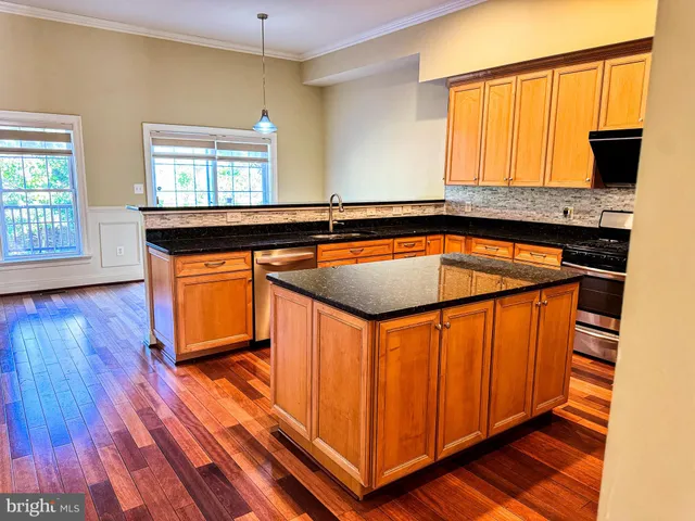 a kitchen with stainless steel appliances granite countertop a sink and a refrigerator