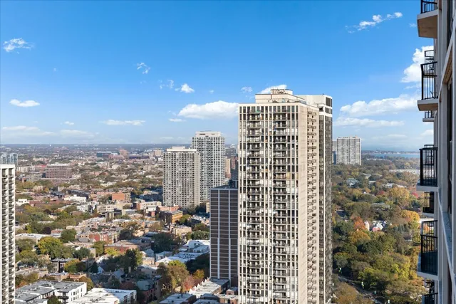a view of a city with tall buildings