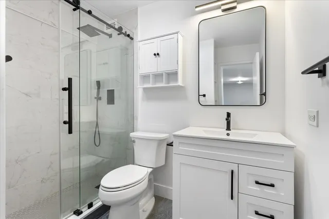 a bathroom with a toilet sink vanity and shower