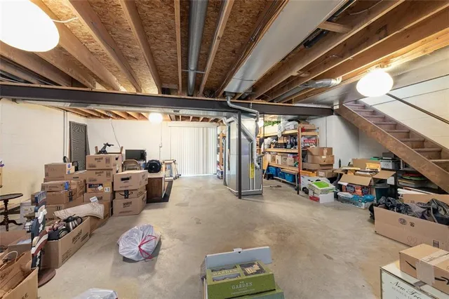 a view of a garage with storage