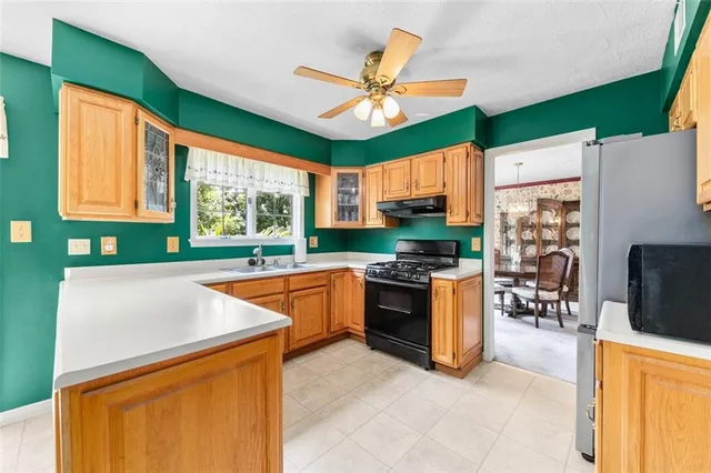 a kitchen with stainless steel appliances granite countertop a stove a refrigerator and a sink