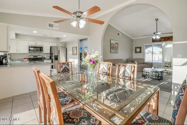 a view of a dining room with furniture
