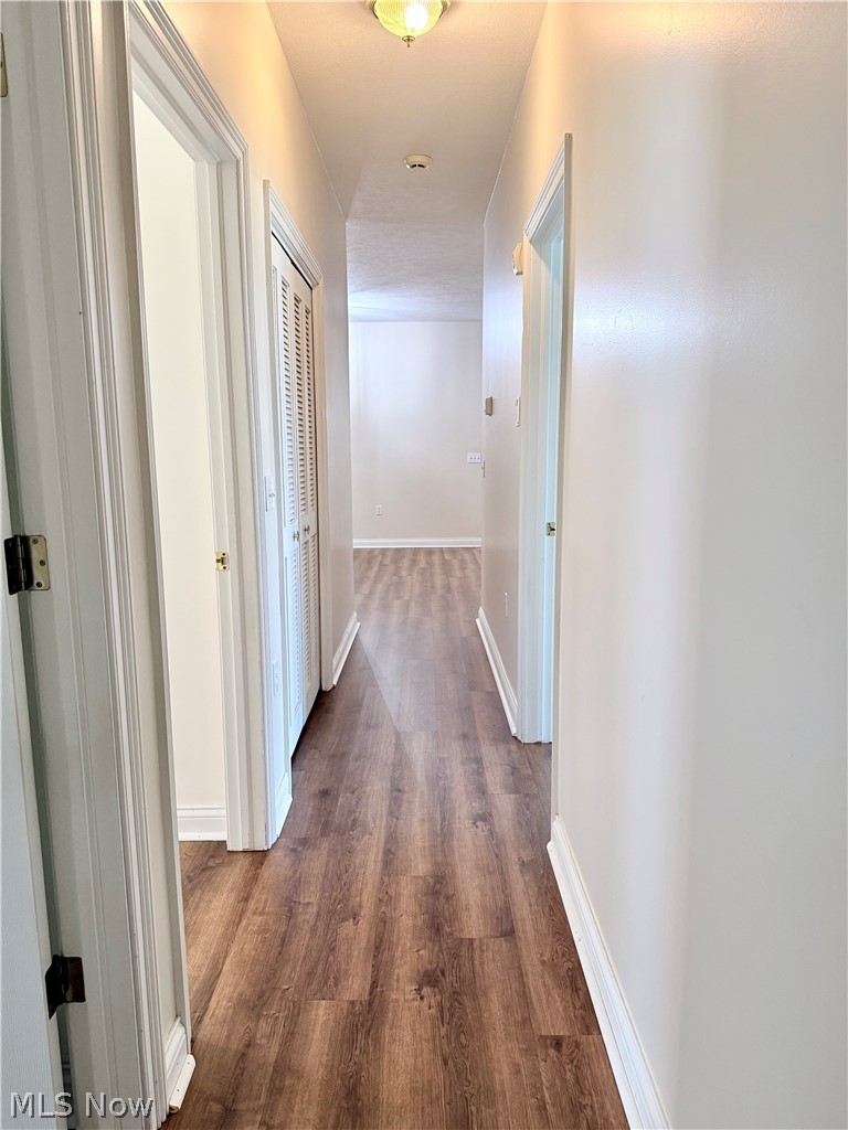 603 South Raccoon Road, Unit 1 Austintown, OH 44515 - Photo 16 of 22 Hallway featuring wood-finish flooring, white painted walls, white trim, and a built-in flush mount light fixture
