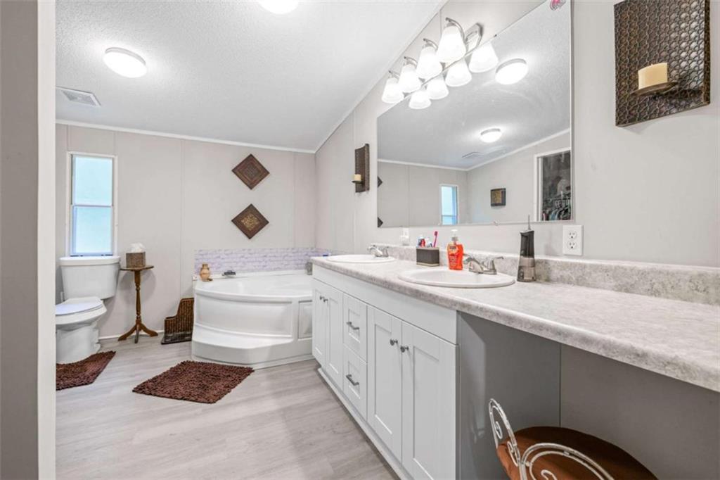 126 Loggins Trail Commerce, GA 30529 - Photo 22 of 50 a spacious bathroom with a double vanity sink a toilet and a mirror