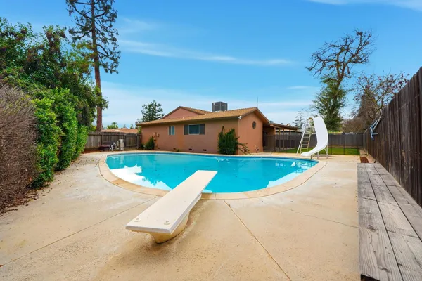 a view of a swimming pool with a yard